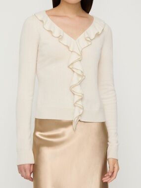 Etcetera Cream Ruffle V-Neck Silk Knit Sweater-LIKE NEW